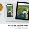 Custom digital art of dog that looks like classic painting displayed on phone and tablet